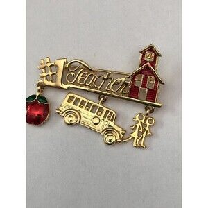 #1 Teacher Enamel Gold tone School Metal Brooch Pin Vintage Danecraft Signed